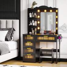 Lvifur LED Makeup Vanity Table with Charging Station,Vanity with AC Outlets & USB & Type-C Ports,4 Drawers,Hair Dryer Rack,Make Vanity Desk with 3 Color Light Bulbs Mirror via Touch Screen