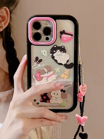 Gucadi A Black Black Pink Cat And Dog Pink Hat Black Cat Food Blog Puppy Black Stacked Big Head Dog Sweater Star Dog Butterfly Black Rope Sweet Cool Bow Ins Bow Lanyard Compatible With Apple Mobile Phone Case 15.15pro.15plus.15promax