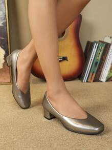 Women Square Toe Low-Cut Comfortable Chunky Heel Soft Bottom Work Shoes - Grey - View 5