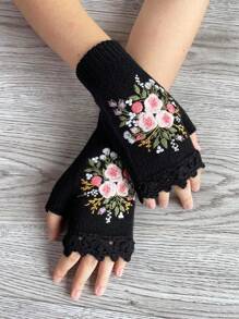 Boho風格1對女式復古鉤邊刺繡小花半指針織手套，適用於秋冬季節 - 黑色 - 查看 2