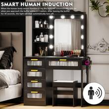 Lvifur LED Makeup Vanity Table with Charging Station,Vanity with AC Outlets & USB & Type-C Ports,4 Drawers,Hair Dryer Rack,Make Vanity Desk with 3 Color Light Bulbs Mirror via Touch Screen
