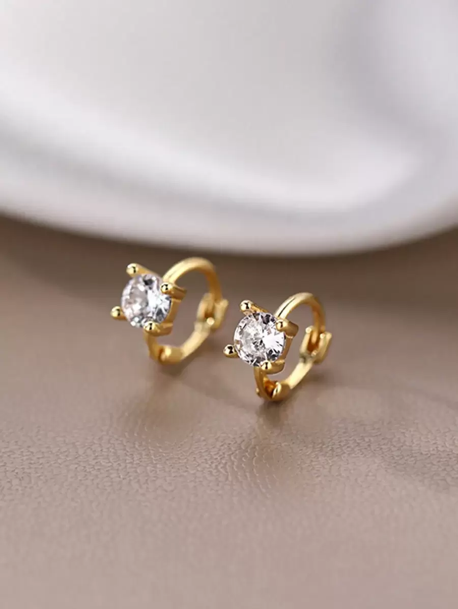 1pair Elegant & Versatile High-End Simple Zirconia Ear Studs - Yellow Gold - View 1