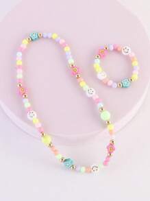 Fashionable And Adorable Kids' Acrylic Beaded Bracelet And Necklace Set With Polymer Clay Flowers And Faces Perfectly Combined