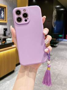 1 chiếc vòng tay mặt dây chuyền hạt trắng và tua rua tím kèm ốp điện thoại họa tiết viền thẳng màu tím, tương thích với Apple///Redmi/Vivo/Oppo A16 - Màu tím hoa cà - Xem 1