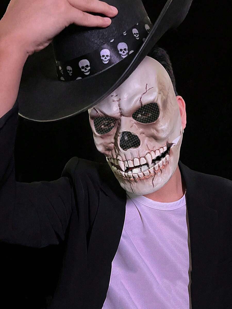 1入新款萬聖節帶有活動嘴巴的骷髏面具,半面角色扮演服裝道具,恐怖 - 米色 - 查看 1