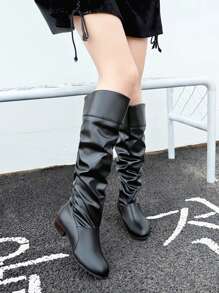 時尚性感女士平底過膝靴子,彈性折疊百褶設計 - 黑色 - 查看 2