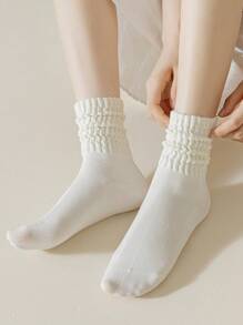 1 Par De Calcetines Blancos De Mujer De Color Puro, Casuales Y Sencillos Calcetines Suaves Con Volantes Hasta La Pantorrilla - Blanco - Ver 1