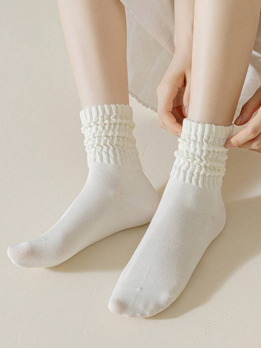 1 Par De Calcetines Blancos De Mujer De Color Puro, Casuales Y Sencillos Calcetines Suaves Con Volantes Hasta La Pantorrilla - Blanco - Ver 1
