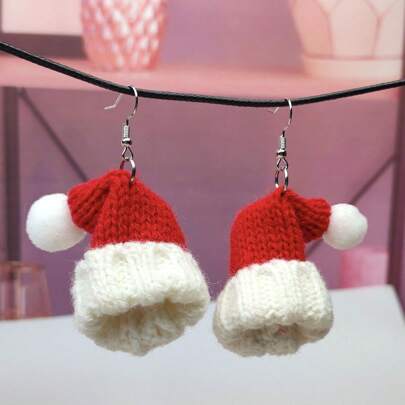 1 Pair Women's Valentine's Day Knitted Beanie Hat And Furry Pom Pom Earrings, Unique Personalized Ear Pendants