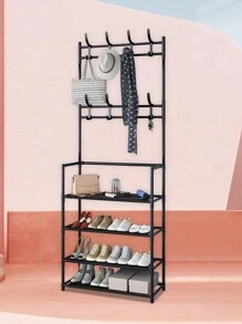 4-tier Standing Coat Hat Rack With Hooks, White - Black - View 3