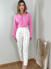 Camisa Social Feminina com Botão e Bolso Elegânte Moderna para Mulher