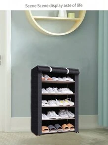 6-Tier Coffee Colored Fabric Covered Shoe Rack, Multilayer Steel Tube Assembly Shoe Cabinet With Dustproof Cloth - màu đen - Xem 5