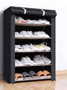 6-Tier Coffee Colored Fabric Covered Shoe Rack, Multilayer Steel Tube Assembly Shoe Cabinet With Dustproof Cloth - màu đen - Xem 1