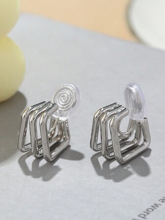 1 Par De Pendientes De Clip De Color Plateado Geométricos Cuadrados Simples Europeos Y Americanos Para Mujer, Pendientes De Estilo Metálico Elegantes Y Versátiles Para Ropa De Trabajo