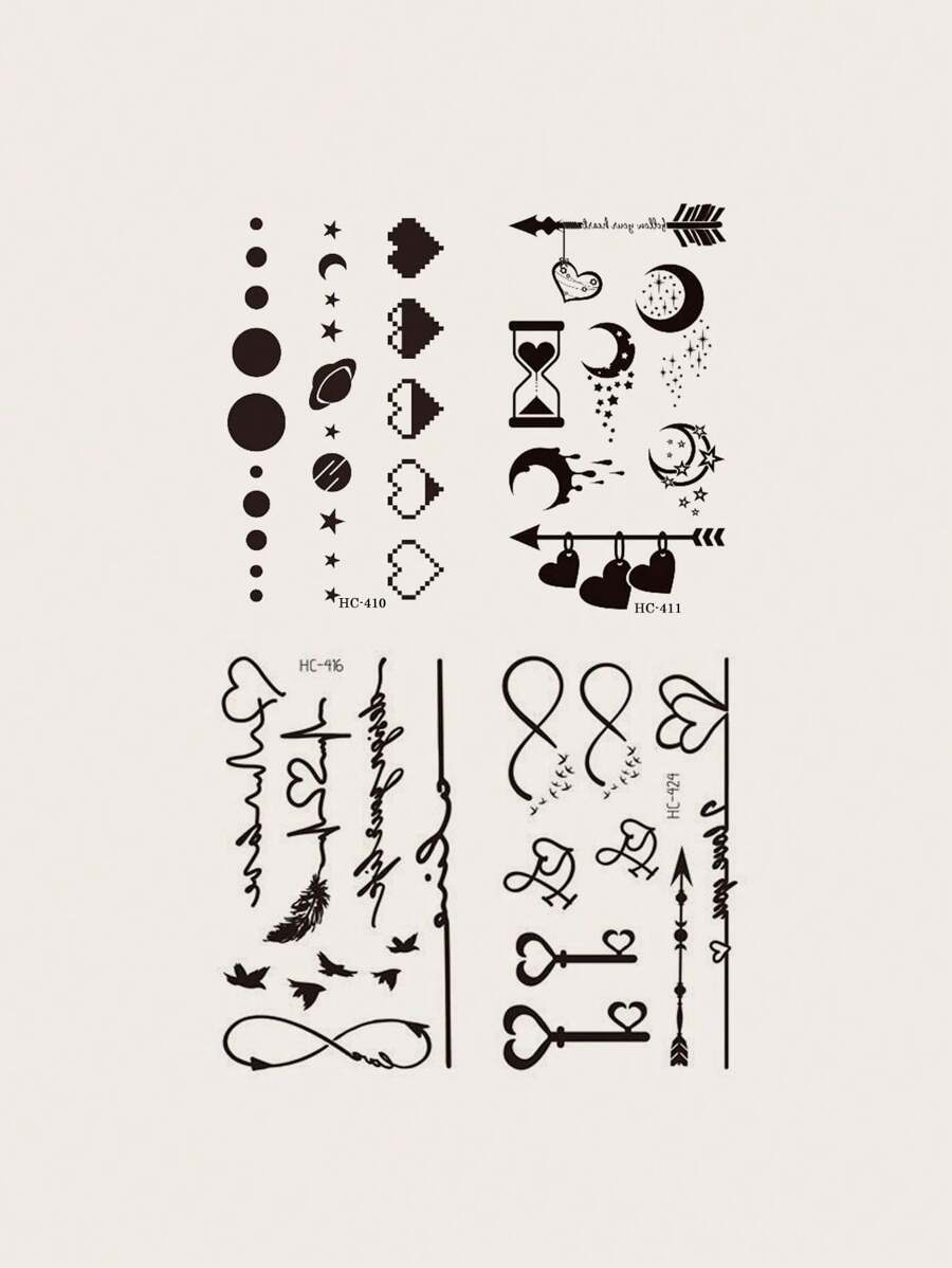 Conjunto De 4 Hojas De Tatuajes Reducidos De Planetas, Latidos De Corazones, Plumas Y Alfabeto - Negro - Ver 1