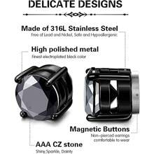 4對不鏽鋼磁性耳環套裝，圓形無穿孔夾式耳環防過敏 6 毫米方晶鋯石耳環假耳環適合男士女士日常佩戴 - 黑與白 - 查看 4