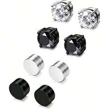 4對不鏽鋼磁性耳環套裝，圓形無穿孔夾式耳環防過敏 6 毫米方晶鋯石耳環假耳環適合男士女士日常佩戴 - 黑與白 - 查看 3
