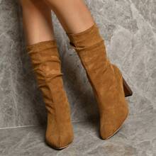 女性復古騎士靴子帶粗跟,方頭和高軸,皺紋和荷葉邊細節,歐美風格 - 棕色 - 查看 3