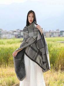 1 件套女式連帽斗篷披肩圍巾套裝秋冬新款 - 黑色 - 查看 3