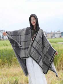 1 件套女式連帽斗篷披肩圍巾套裝秋冬新款 - 黑色 - 查看 4