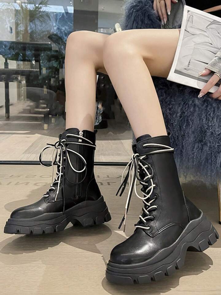 Yellow Thick Sole Motorcycle Boots Women Lace Up High Heel, 46 OFF