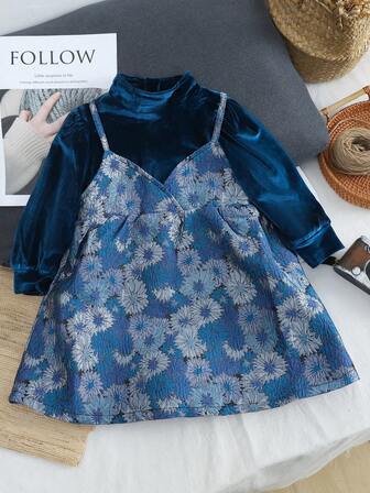 Girls' Velvet Camisole Dress Set With Long Sleeve Top, Autumn/winter