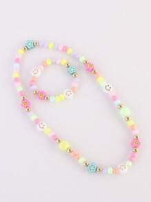 Fashionable And Adorable Kids' Acrylic Beaded Bracelet And Necklace Set With Polymer Clay Flowers And Faces Perfectly Combined