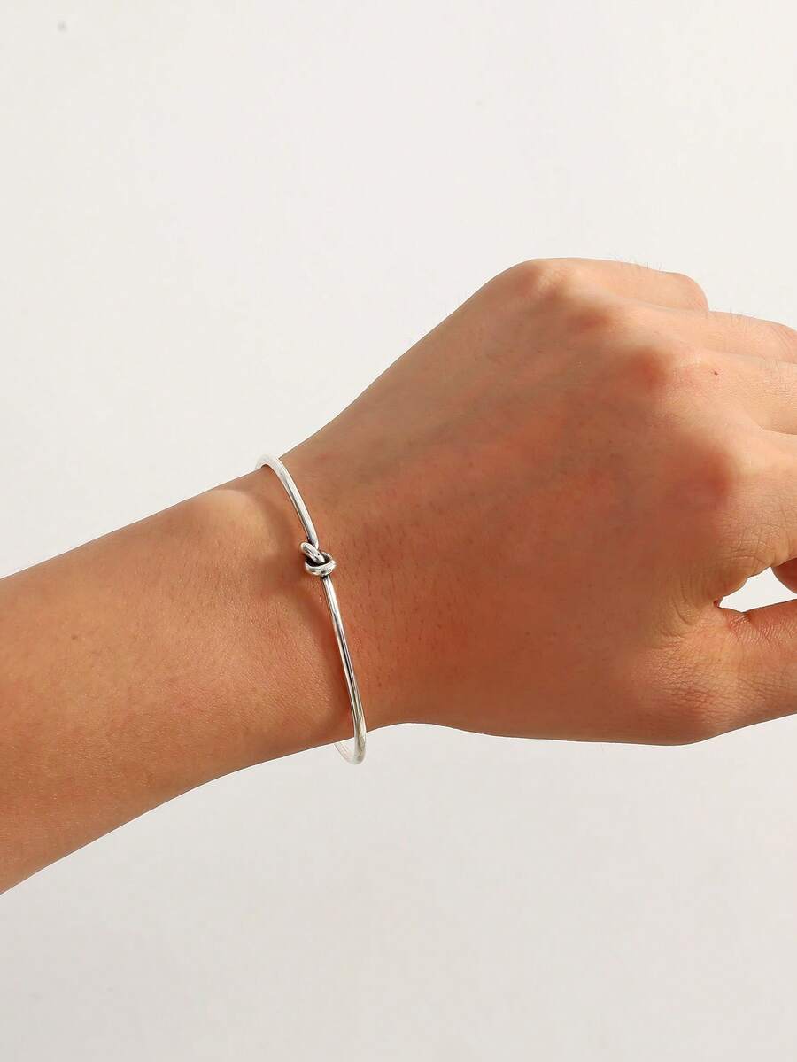 1個時尚風格打結開口手鐲,男士日常配戴可調試 - 銀色 - 查看 1