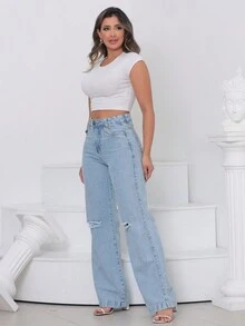 Women Jeans - 淺色水洗藍 - 查看 6