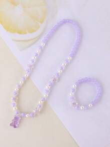 透明紫色珠子＆壓克力珍珠＆小熊＆五角星吊墜手鍊和項鍊套裝,適用於兒童 - 紫色 - 查看 1