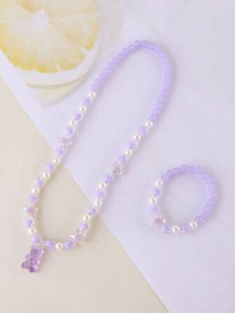 Transparent Purple Beaded & Acrylic Pearl & Teddy Bear & Pentagram Pendant Bracelet And Necklace Set For Kids