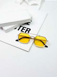 1入組多邊形設計雙梁金色眼框黃鏡片太陽眼鏡男款,適合街拍和開車 - 金色 - 查看 1