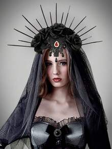 Halloween Costume Gothic Crown Bridal Veil Headband And Vintage Clothing Accessory - Black - View 7