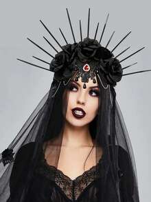 Halloween Costume Gothic Crown Bridal Veil Headband And Vintage Clothing Accessory - Black - View 6