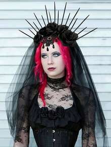 Halloween Costume Gothic Crown Bridal Veil Headband And Vintage Clothing Accessory - Black - View 5
