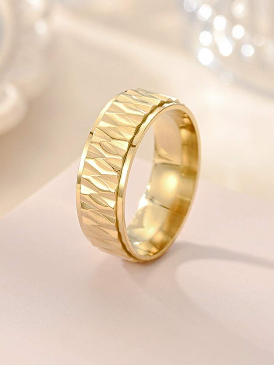 1入組鍍金鈦鋼菱形形狀雕刻戒指,時髦設計情侶配件,時尚男士/女士情人戒指