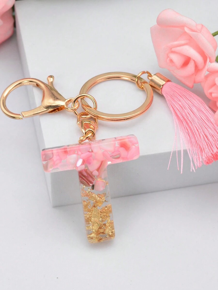 1pc Lady's Pink Tassel & Rhinestone Decor Capital Letter T Keychain Resin Handbag Accessory Couple Keychain - Pink - View 1