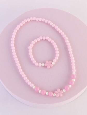Children's Fashionable Pink Flower & Pearl Princess Series Bracelet And Necklace Set