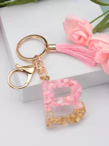 1入裝女士粉色閃閃發光流蘇樹脂鑰匙扣,首字母為b,可插在手提包上,也可作為情侶鑰匙扣 - 粉色 - 查看 1