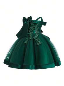 Váy lưới nơ hoa không tay thanh lịch cho bé gái, thích hợp cho tiệc sinh nhật, không bao gồm băng đô - Màu xanh lá cây đậm - Xem 4