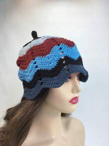 1pc Women's Crochet Hollow Out Flower Design Dopamine Color Hat With Personalized Striped & Lace Detail Bucket Hat, Korean Style Sweet Street Fashion Accessory - Multicolor - View 2