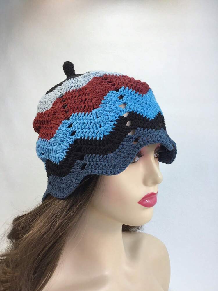 1件装女士钩针镂空花朵设计多巴胺色帽子，带个性化条纹和蕾丝细节的渔夫帽，韩版甜美街头时尚配饰 - 彩色 - 查看 2