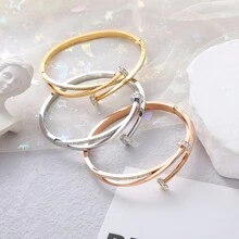 1pc Minimalist Rivet Design Luxury Stainless Steel Rhinestone Inlaid Bracelet, Suitable For Daily Wear, Women Gift - Silver - View 3