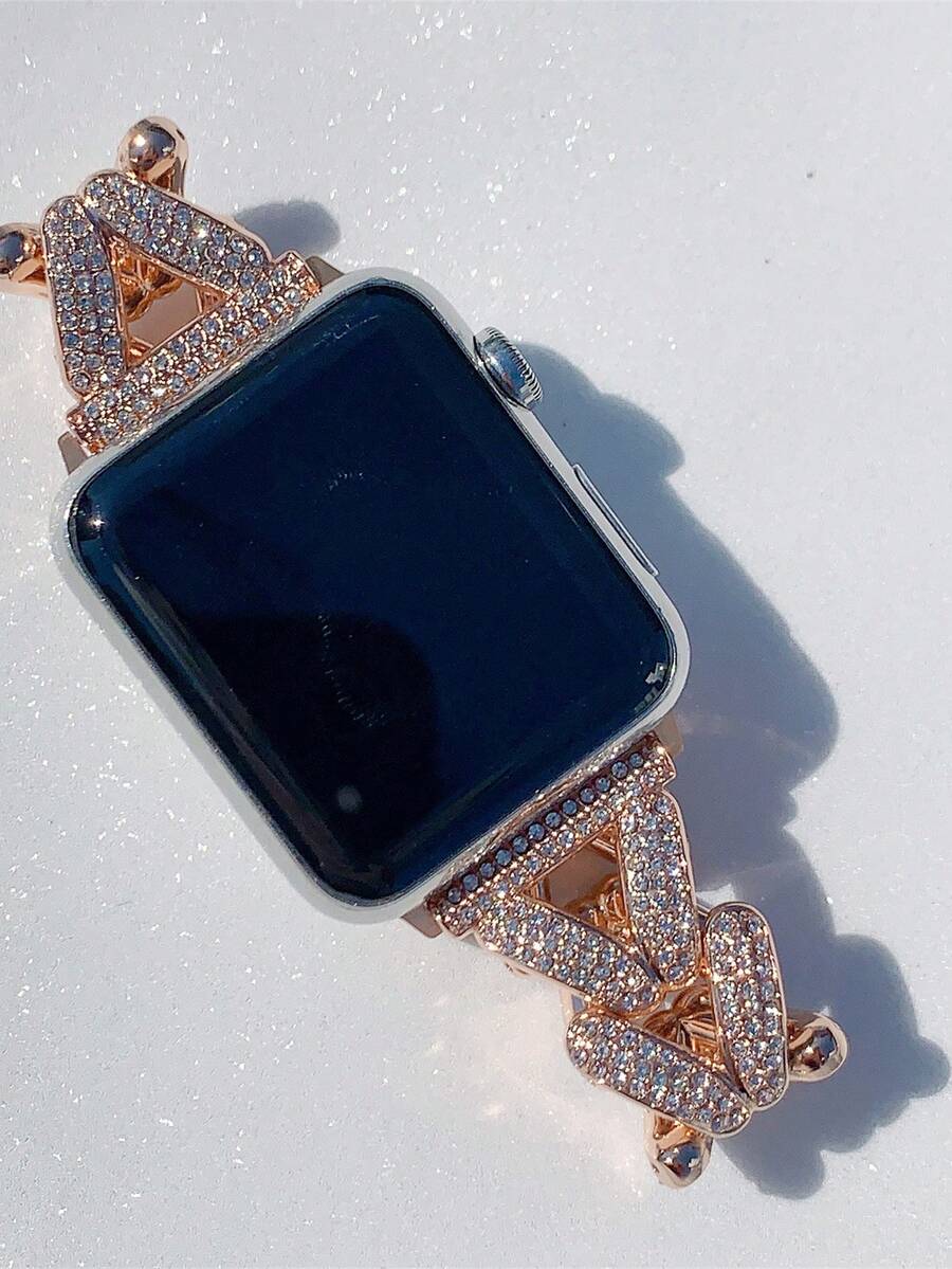 1 件男女銀色水鑽嵌入式金屬錶帶兼容 Apple Watch S8 和 Apple Watch 系列 Ultra/se/1/2/3/4/5/6/7,合金金屬手鍊腕錶錶帶,45mm49mm、38mm 40mm 41mm 42mm 44毫米 - 玫瑰金 - 查看 1