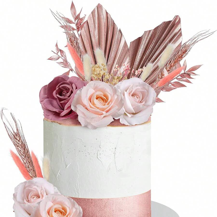 2 Pcs Decoración De Pastel Para Cumpleaños Con Topper De Hoja Y Molinillo De Viento Para Hornear - Oro rosa - Ver 1