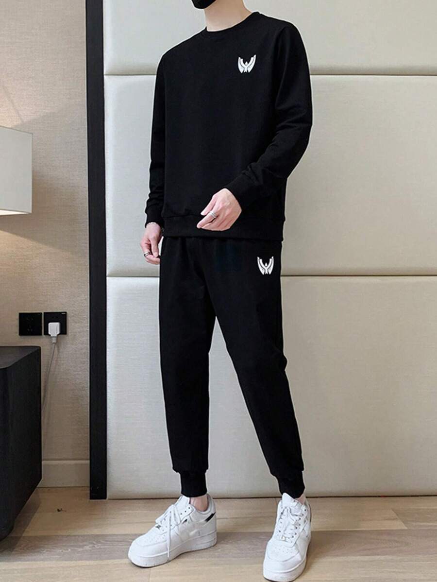 Men's Cartoon Graphic Print Long Sleeve Crew Neck Sweatshirt And Sweatpants Set, Suitable For Sports, Outdoor Running, Gift - Black - View 1