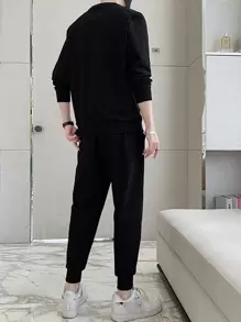 Men's Cartoon Graphic Print Long Sleeve Crew Neck Sweatshirt And Sweatpants Set, Suitable For Sports, Outdoor Running, Gift - Black - View 2