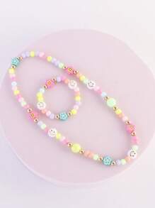 Fashionable And Adorable Kids' Acrylic Beaded Bracelet And Necklace Set With Polymer Clay Flowers And Faces Perfectly Combined