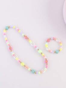 Fashionable And Adorable Kids' Acrylic Beaded Bracelet And Necklace Set With Polymer Clay Flowers And Faces Perfectly Combined