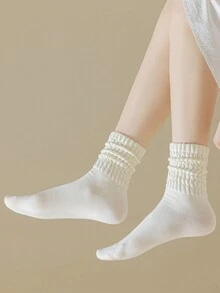 1 Par De Calcetines Blancos De Mujer De Color Puro, Casuales Y Sencillos Calcetines Suaves Con Volantes Hasta La Pantorrilla - Blanco - Ver 3
